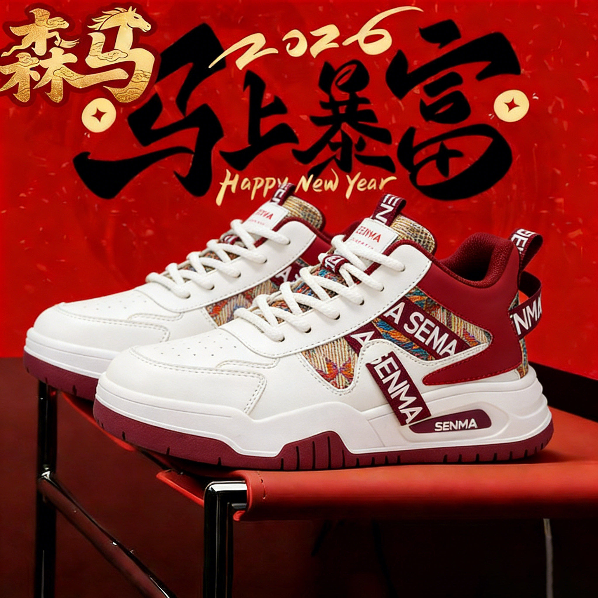 森马男鞋2026春季新款高帮休闲运动鞋韩版潮流时尚本命年红色板鞋