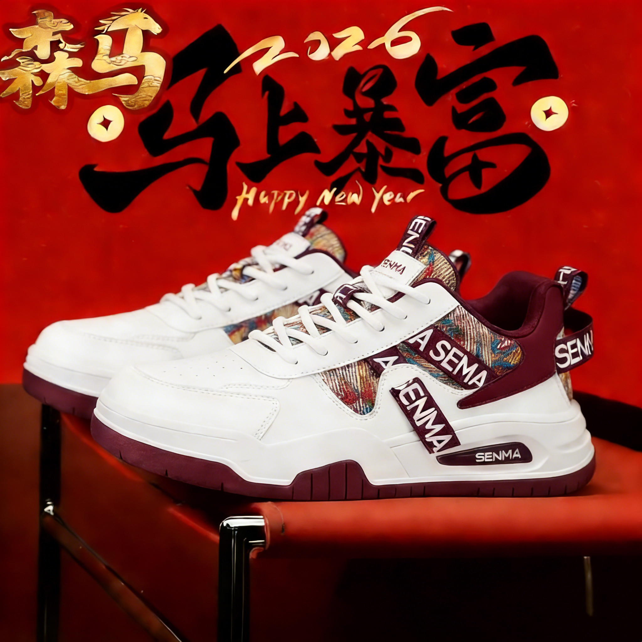 森马男鞋“马上暴富”本命年红色休闲板鞋2026春季新款百搭运动鞋