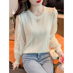 春季2024年新款长袖t恤女上衣小衫雪纺袖针织打底衫女春秋款薄款