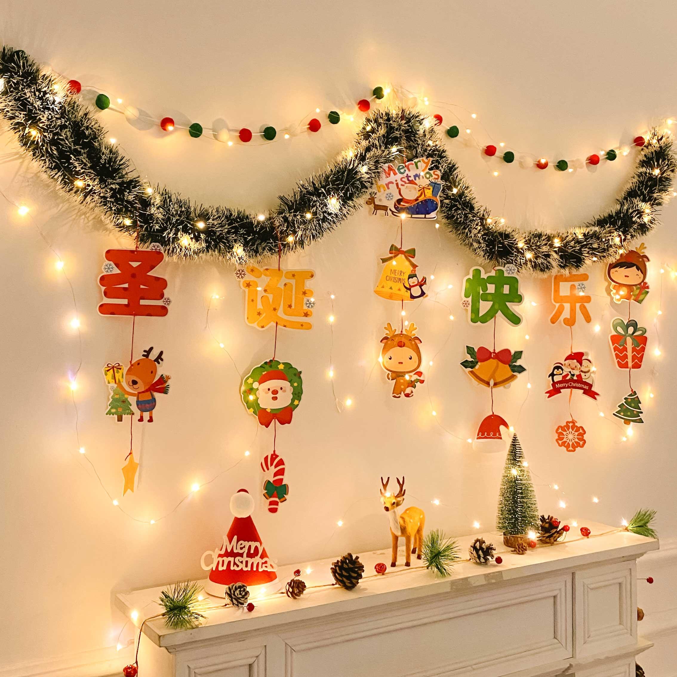 圣诞节场景布置装饰用品毛条圣诞树麋鹿彩旗橱窗拉花餐厅墙面装扮