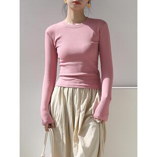 纯棉长袖t恤女圆领打底衫修身纯色粉色白色内搭上衣黑色小衫2024