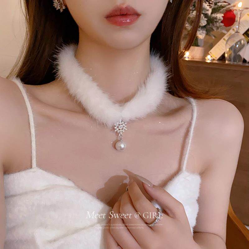 珍珠毛绒choker白色项圈颈带项链女毛茸茸脖子配饰颈链锁骨链圣诞