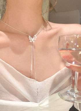 超仙绝美银色蝴蝶流苏抽拉项链女轻奢小众高级感锁骨链配饰颈链