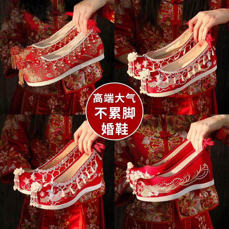 新娘秀禾婚鞋女款春秋冬季加绒古风绣花鞋红色中式内增高汉服鞋子图片