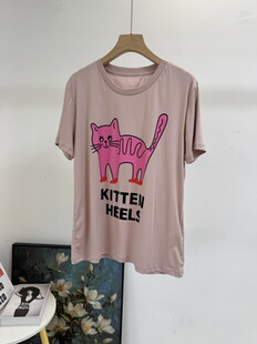 清货超划算捡漏不退不换 T恤猫咪印花显瘦圆领上衣 小众设计感短袖