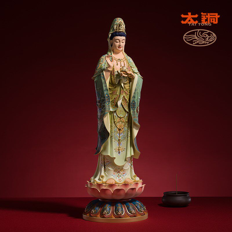 热销太铜《持莲观音》客厅桌面铜观音摆件 家居.工艺品摆件