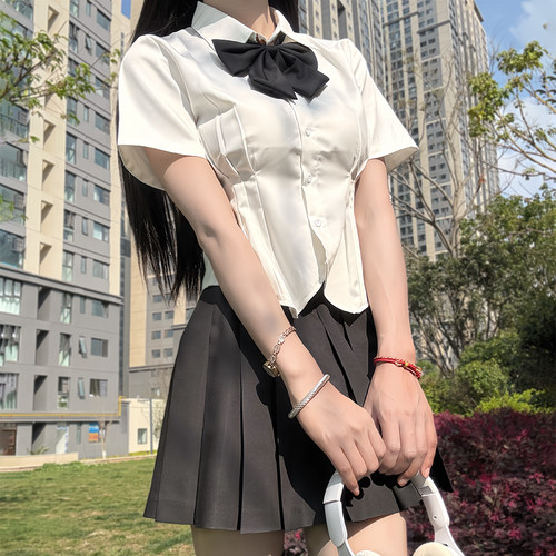 原创收腰衬衫女短袖修身掐腰衬衣