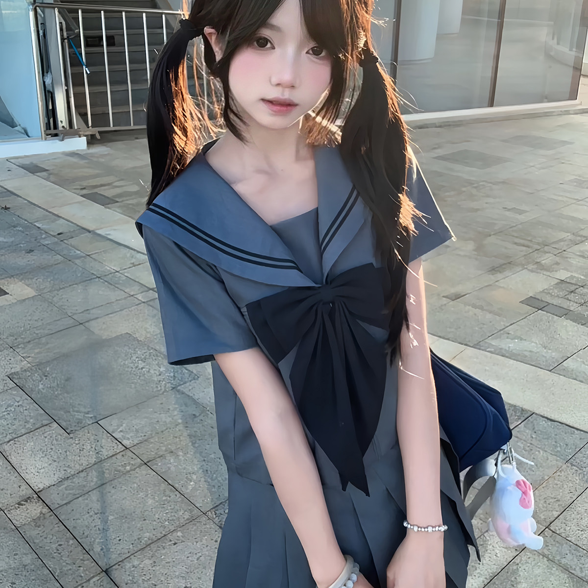 原创正版日系灰二本水手服jk制服短袖灰色套装校供感衬衫学生服女
