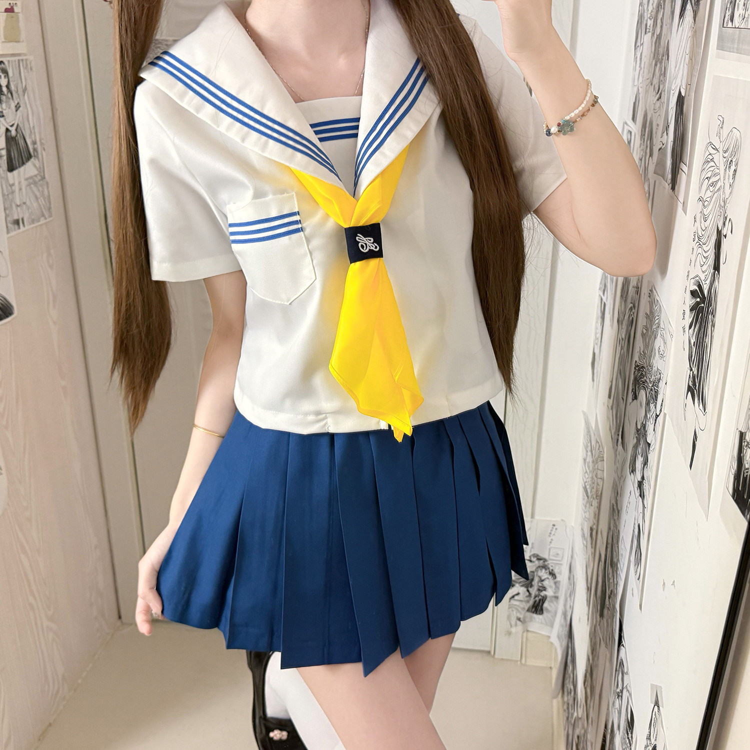 基础款JK制服蓝三本短袖衬衫日系学院风套装女海军领水手服校服夏
