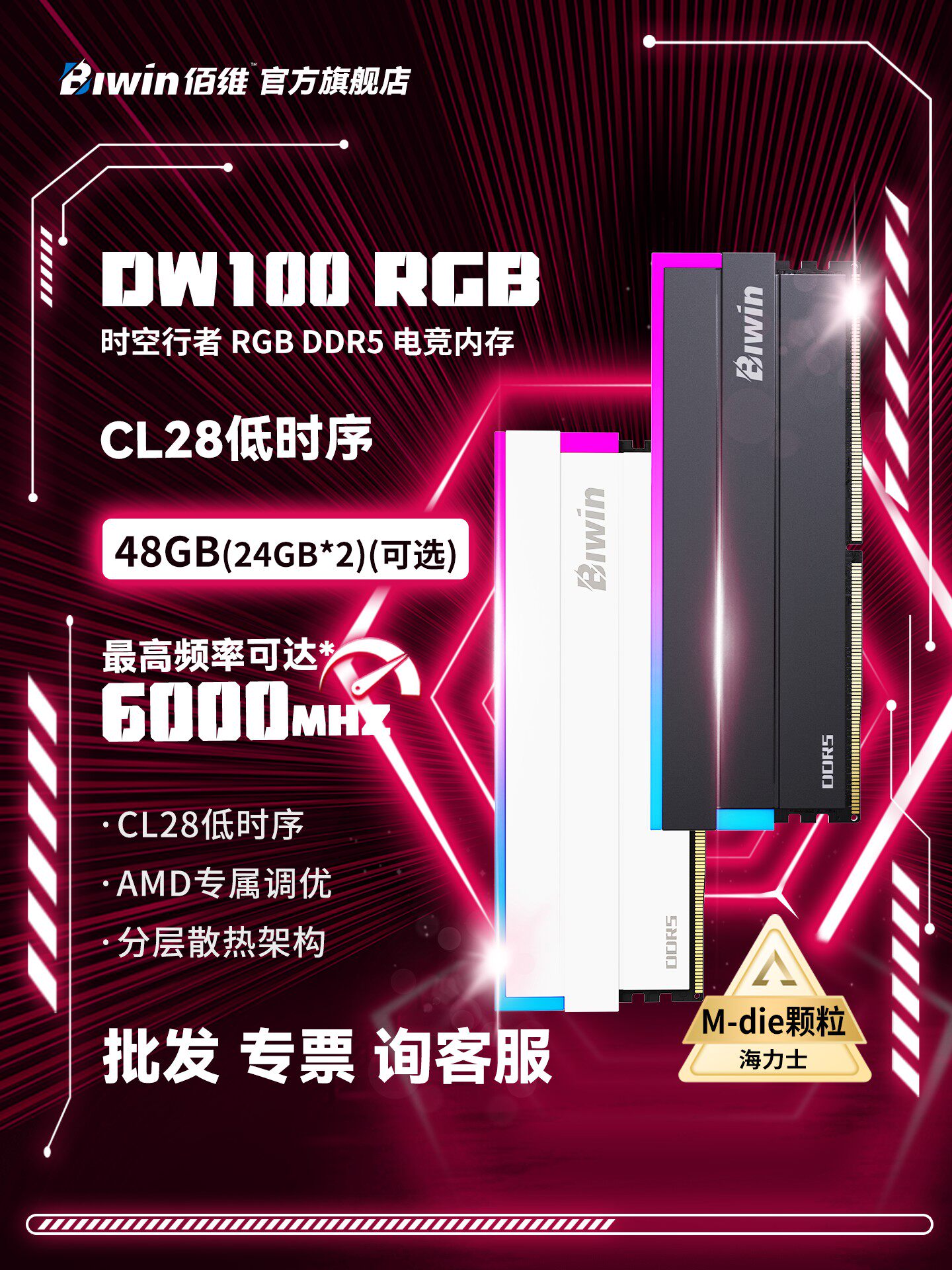 Панель памяти Baiwei DW100 96GB 6000/c28 48GBx2 Ruilong 9 9950X3D DDR5 для настольных компьютеров Изображение 1