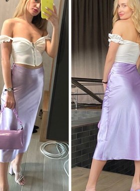 极速Mnealways18 Solid Purple Satin Silk SkiNrt Women High Wa