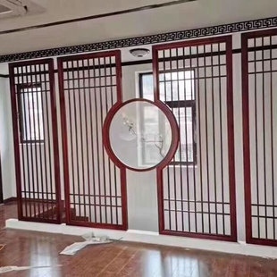极速木雕实木花格栅仿古栏杆月洞门窗背景墙镂空屏U风隔断中式定