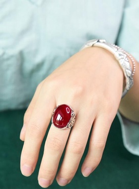 极速红玛瑙玉戒指女开口可调w节简约ins潮中国风银指环不掉色送妈