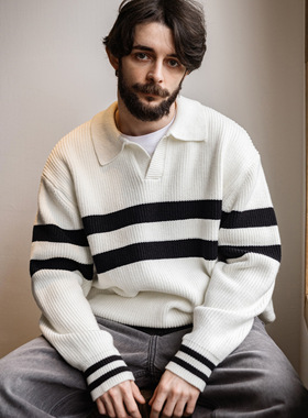 MRA男装IVY海鸥领POLO毛衣学院老钱风条纹白色加厚翻领针织衫潮冬