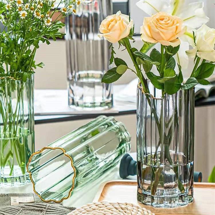 现代创意透明描金直筒玻璃花瓶摆件北欧客厅插花富贵竹干花鲜花