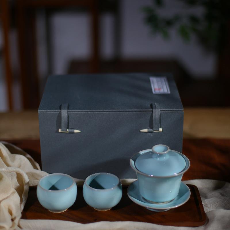 汝窑高档青瓷功夫茶冰裂三才盖碗套装茶碗全套汝瓷陶瓷礼品茶具