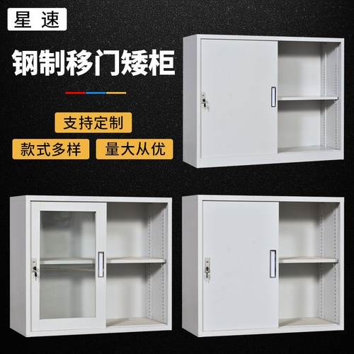 铁皮文件柜铁门小矮柜钢制办公储物带锁资料矮柜玻璃移门档案矮柜