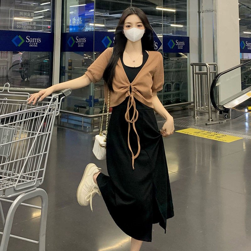 现货大码不规则黑色挂脖连衣裙女夏季胖mm感开R叉气显瘦裙子套装