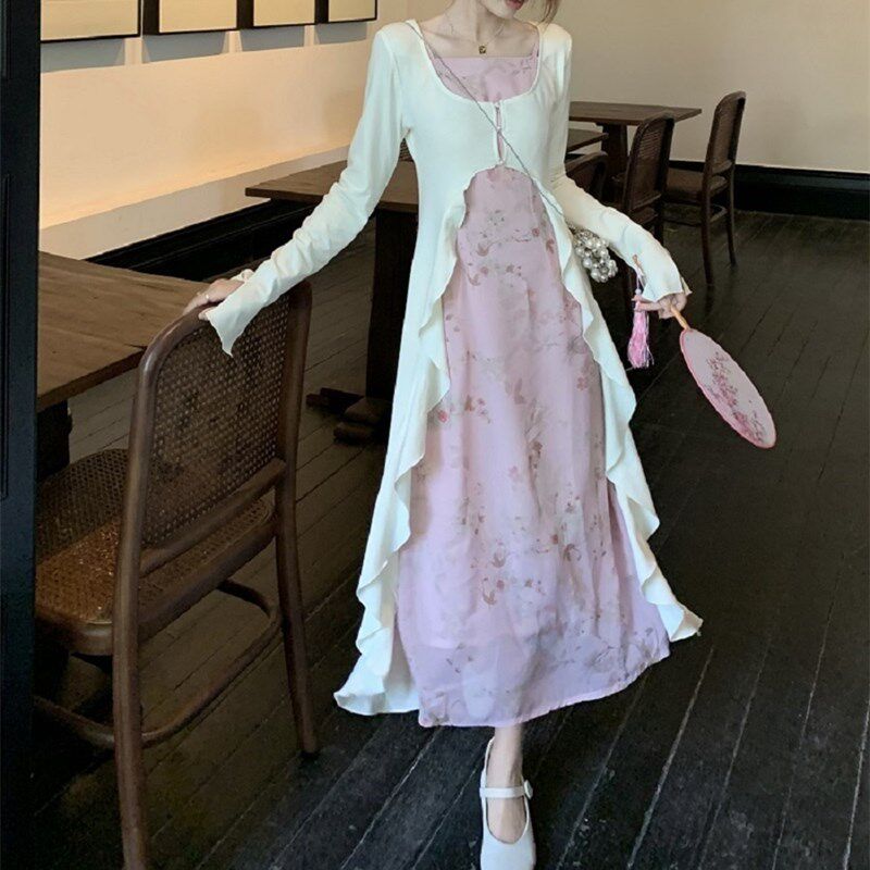 现货大码胖mm纯欲新中式国风碎花吊带连衣N裙荷叶边开衫女春显瘦