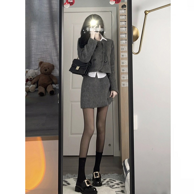 现货大尺码胖mm学n院风感风毛呢短半身裙女秋冬显瘦两件式套装