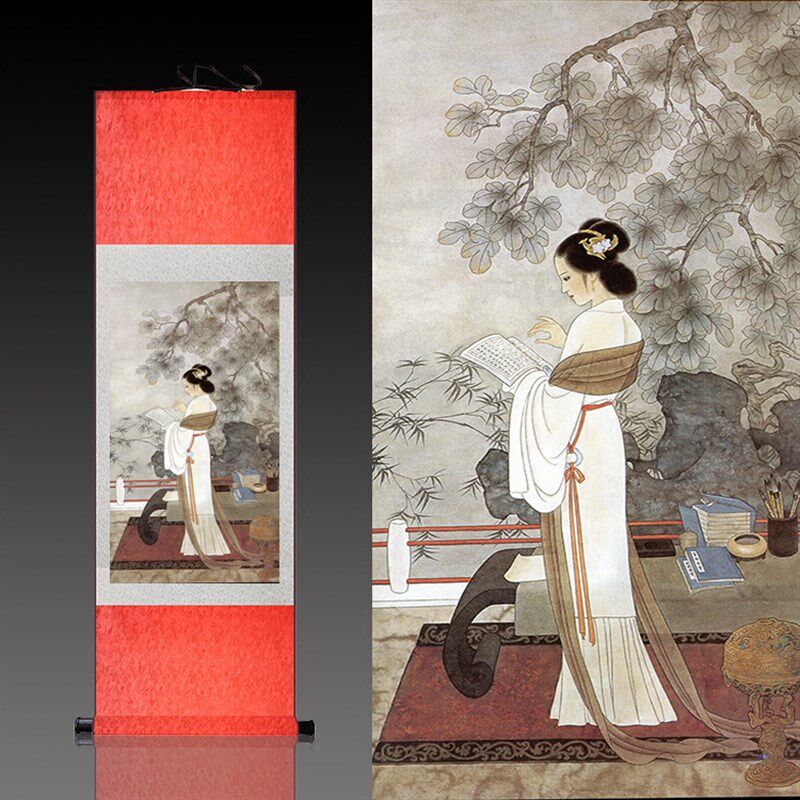 现货速发仿古卷轴丝绸壁画丝绸国画卷轴画仕读书学院办公室装饰挂