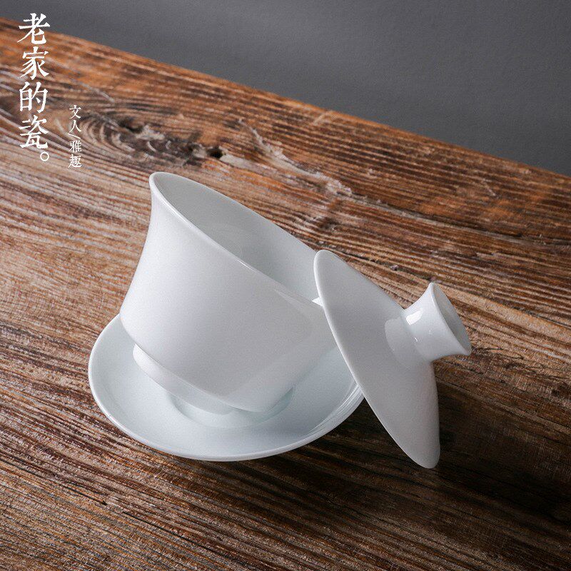现货速发德化白瓷三才盖碗八宝茶杯家用单个特大号泡茶碗超大容量