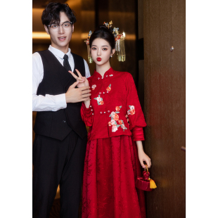 大码 冬肚订婚酒服裙秋遮长袖 旗袍秀禾套装 速发孕妇敬礼服新娘中式