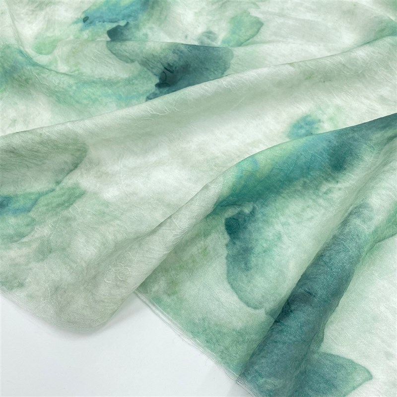 速发复古气质柔软垂感 亚绿色印叶荷花天丝麻 麻布料裙子春夏汉服