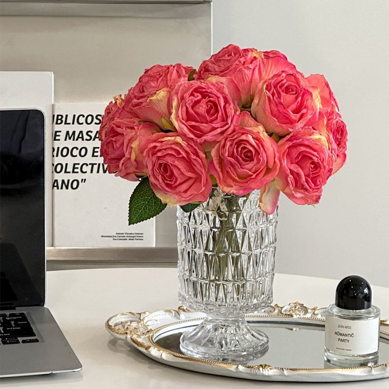 速发法式花箱枝玫瑰花束厅花绢花瓶客假冰荔装饰室内花艺桌面摆件