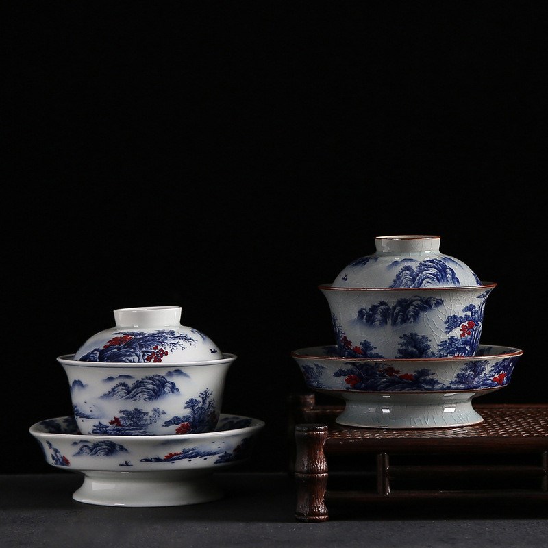 速发创三中式青花茶盖碗家用会客意才敬茶碗单个陶瓷功夫泡釉碗茶