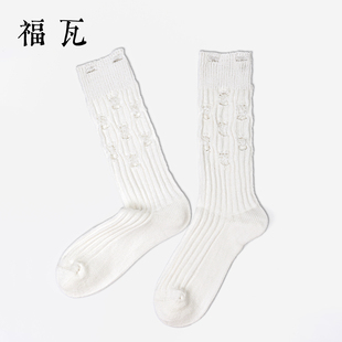 福瓦破洞袜子男款ins乞丐风做旧感无骨袜中长筒夏季白色堆堆袜女