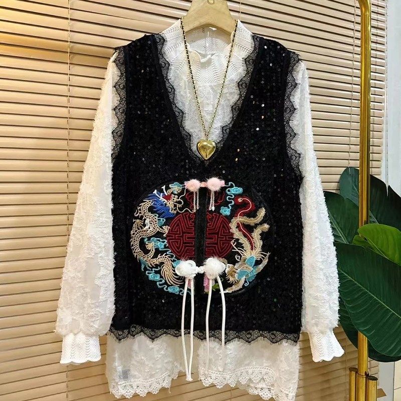 速发加肥大码装长领亮片复古风马甲V袖打底衫胖妹妹韩版减龄两件,女装/女士精品,大码套装,淘宝优惠券,粉丝福利购,淘宝优惠卷