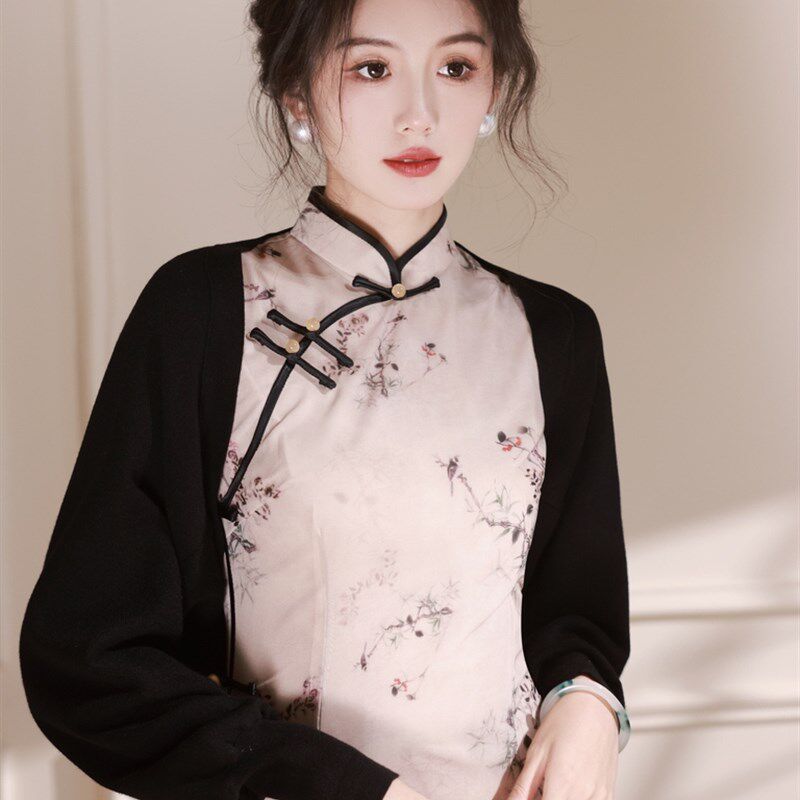 极速旗袍黑色针织披肩外搭女中国A风复古显瘦日常百搭遮阳空调小