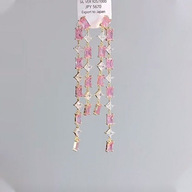 极速长款方形锆石流n苏耳坠女甜美气质粉色耳饰可拆卸两戴夏季新