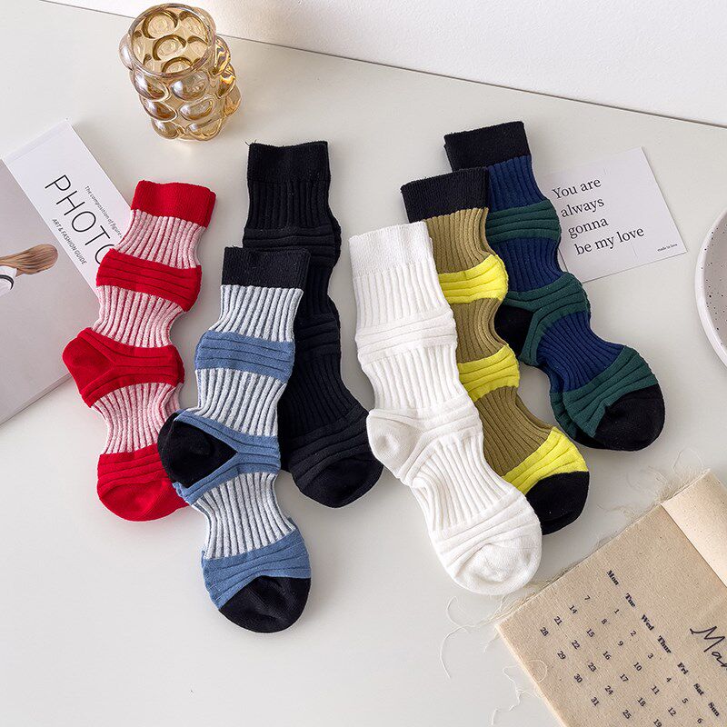 新品小众设计师撞色条纹灯笼袜子女中筒袜iMns潮外穿网红款百搭情