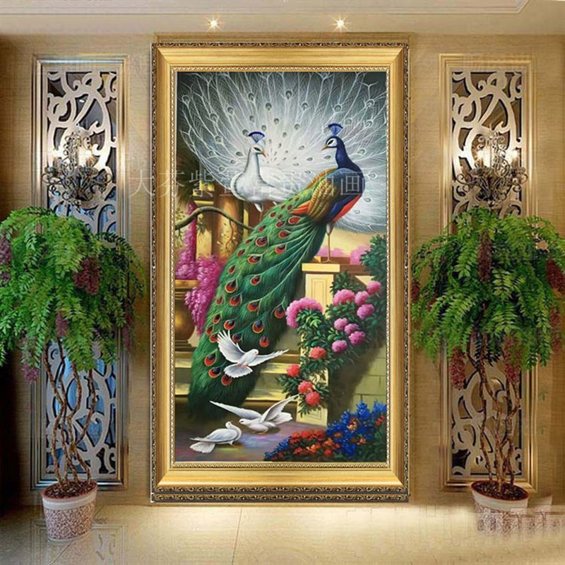 极速玄关装饰画竖版过道孔雀x油画中式客厅现代简约温馨餐厅装饰图片