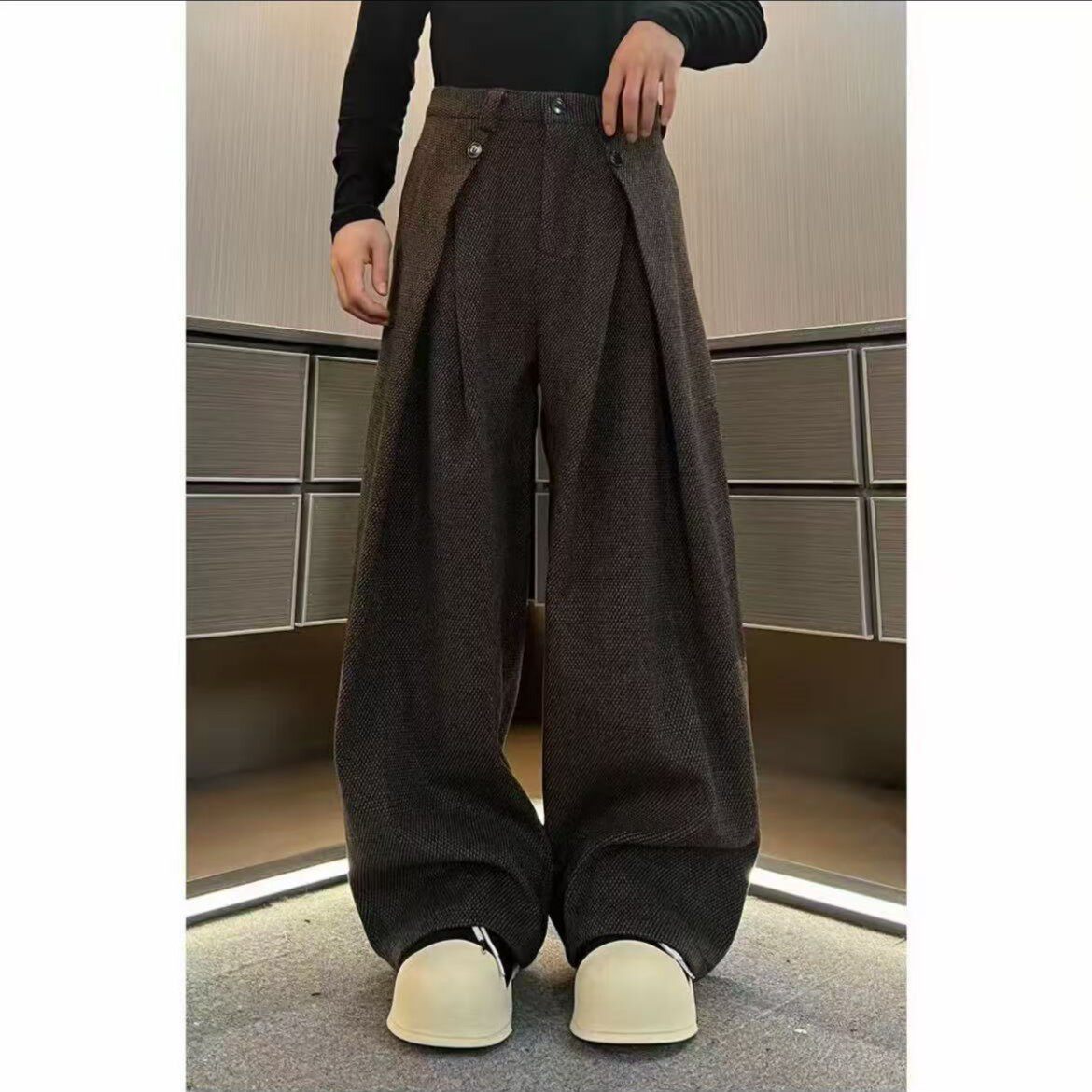 CBZW加厚裤子冬季老钱风复古A字打褶毛呢西裤百搭宽松阔腿休闲裤