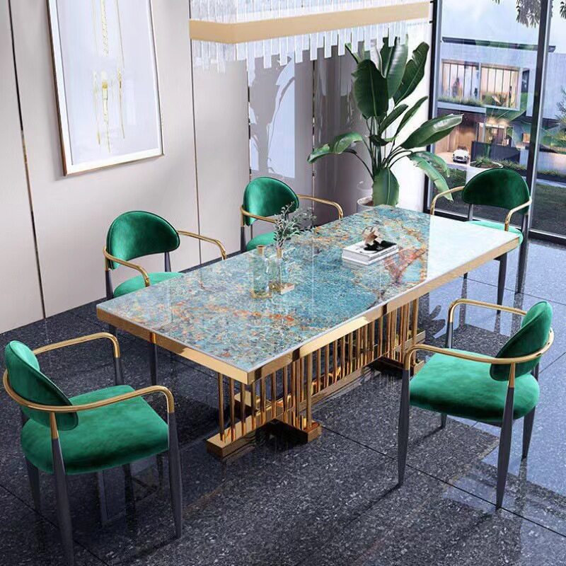 轻奢大理石餐桌长方形后现代吃饭桌简约小户型不锈钢钛金色餐桌子