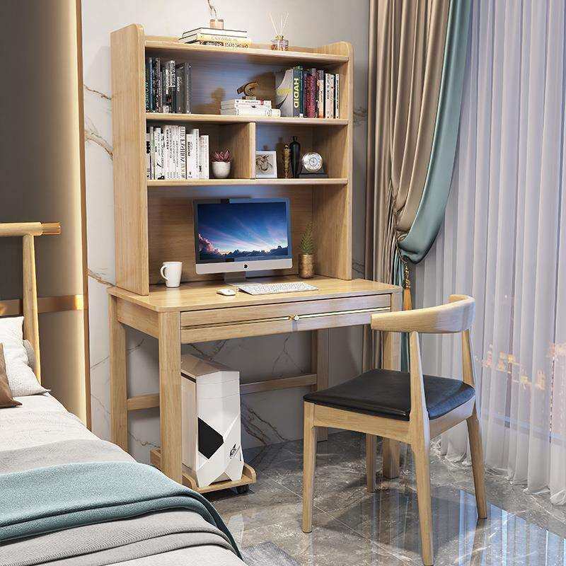实木书桌书架一体小户型家用床边小桌子学生学习写字桌简约电脑桌