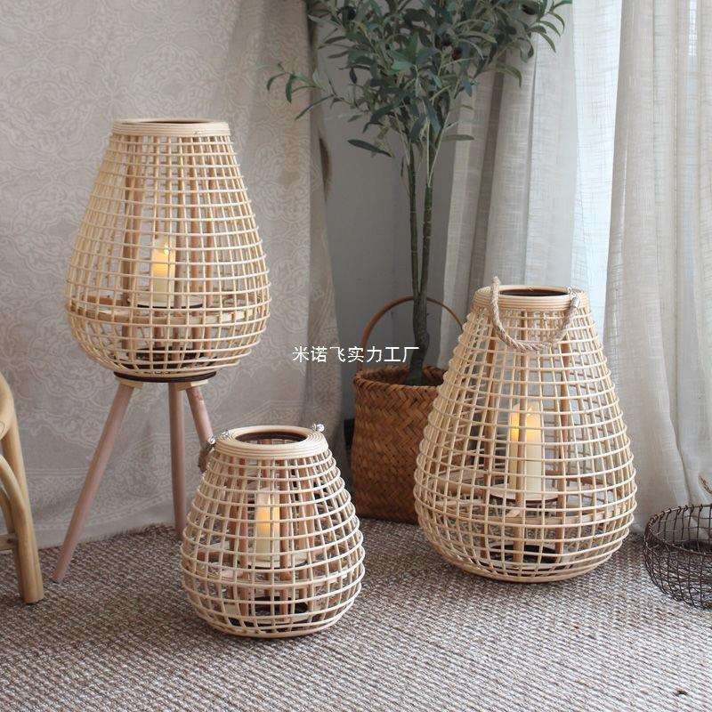 藤编手提灯落地风灯高款插电烛台拍摄道具设计师摆件灯笼日式北欧