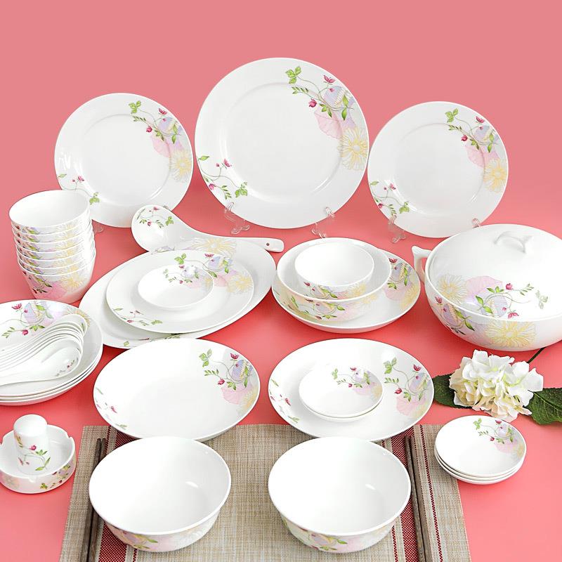 唐山骨瓷餐具套装碗碟家用碗具碗筷盘子碗粉色系加LOGO