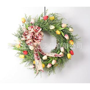 款 饰花环四季 藤条仿真花环 装 仿真郁金香花环蝴蝶结款