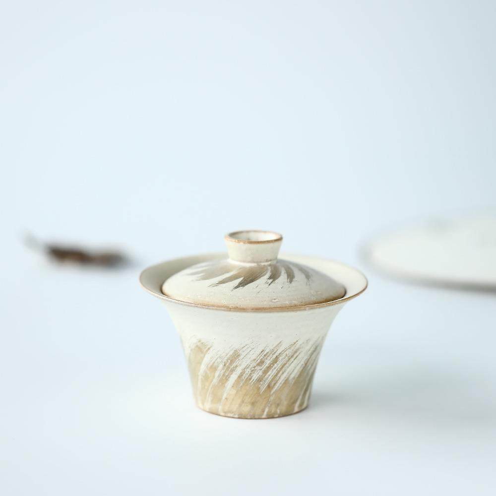 日式手工粉引烧鎏银盖碗手工原矿陶瓷复古岩茶茶道具开片可养