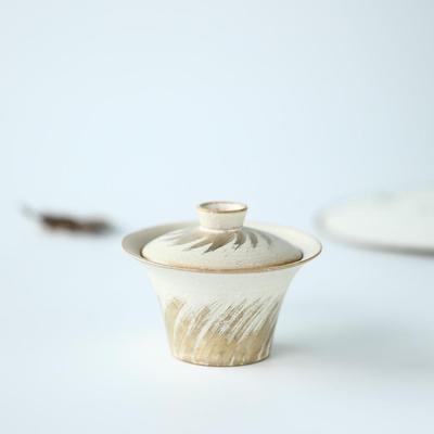 日式手工粉引烧鎏银盖碗手工原矿陶瓷复古岩茶茶道具开片可养