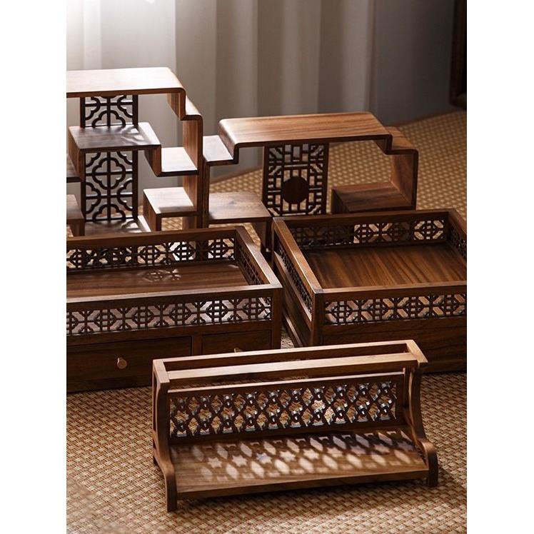 胡桃木置物架小型桌面茶杯博古架新中式茶室茶几收纳杯架展示架子