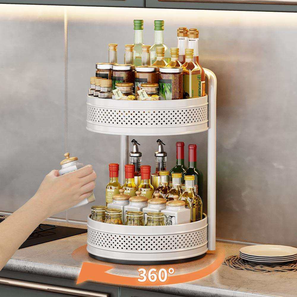 厨房旋转调料架台面三层多功能置物架橱柜多层收纳架转角圆形黑白
