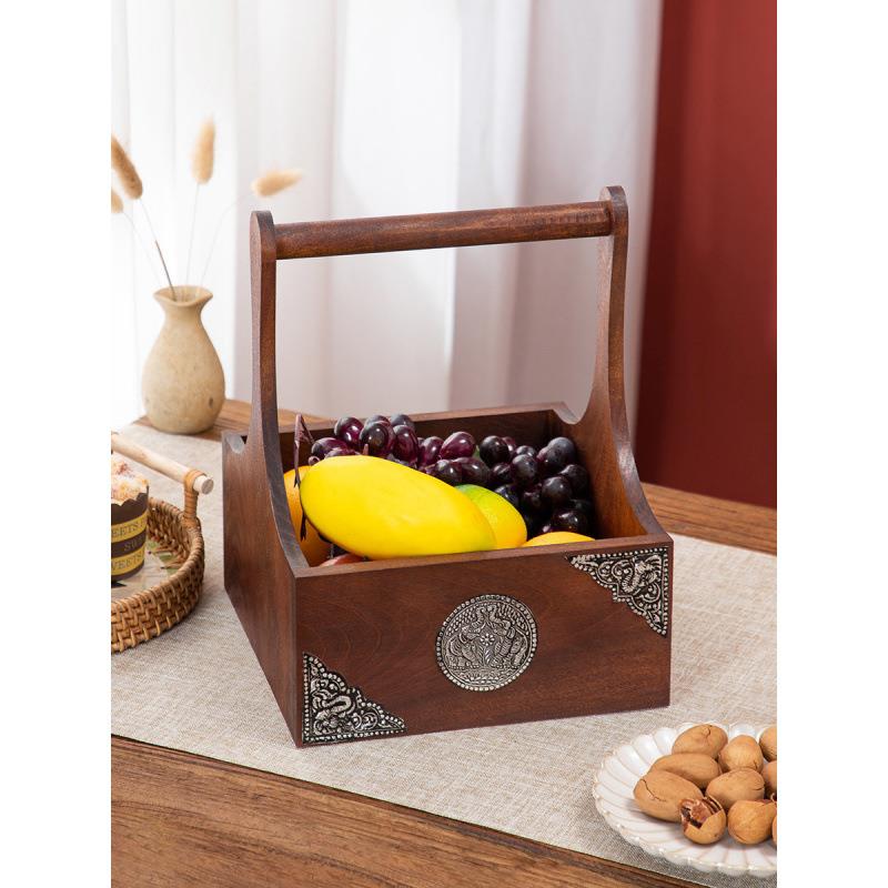M3NO复古实木提篮果盒泰式篮子水果篮菜篮木制点心盒食盒收纳