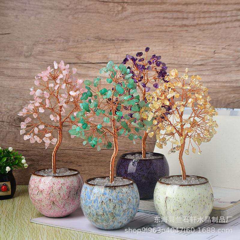 七彩水晶发财树紫水晶粉水晶碎石办公室桌面招财树家居摆件