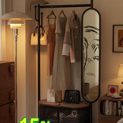可移动挂衣架带镜子卧室落地式全身镜一体衣帽架试衣镜子置物架子