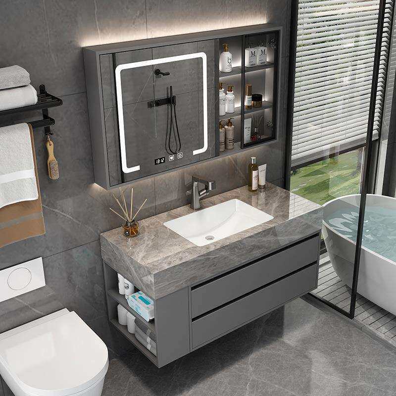 岩板无缝拼接陶瓷一体盆浴室柜组合卫生间洗漱台洗手台洗脸池智能